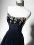 Navy Blue A-line Floor Length Scoop Beaded Party Dress, Navy Blue Prom Dress